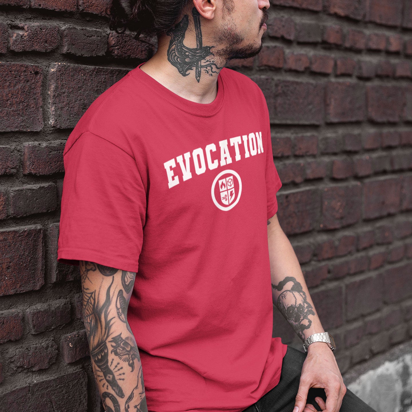 model wearing dnd magic school evocation tshirt