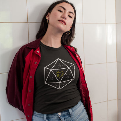 model wearing 3d d20 dnd dice tshirt