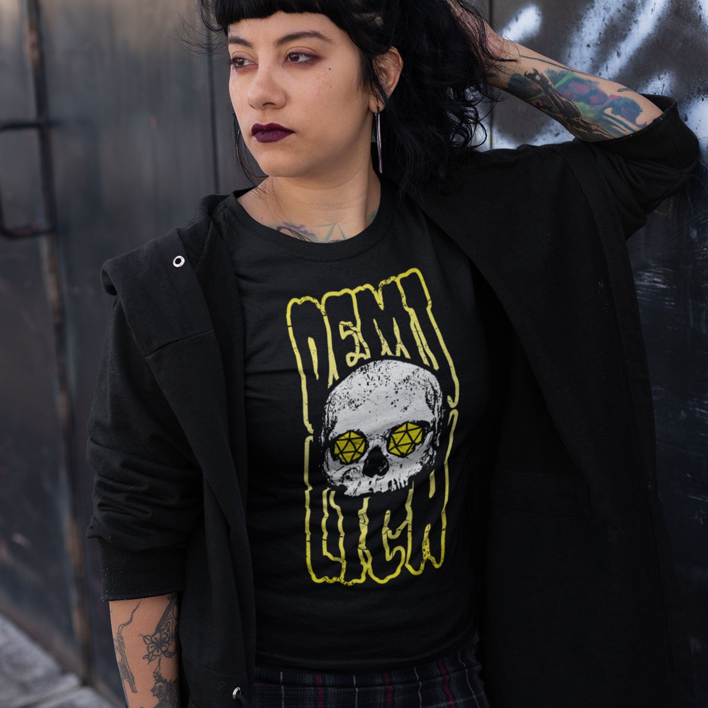 model wearing demi lich dnd skull tshirt