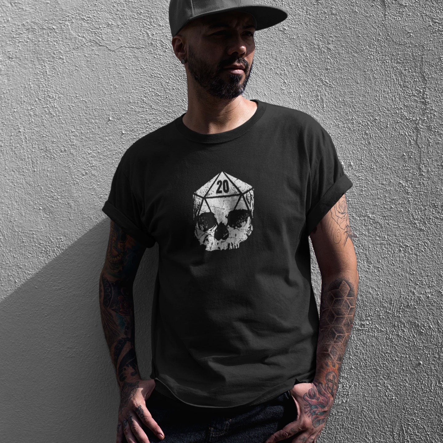 model wearing dice skull d20 tshirt