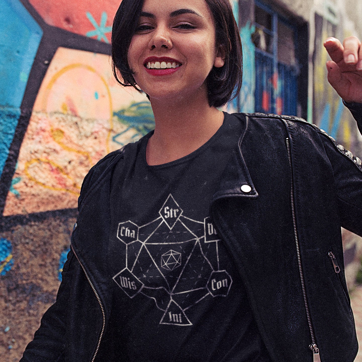 model wearing dnd ability magic dice sigil tshirt