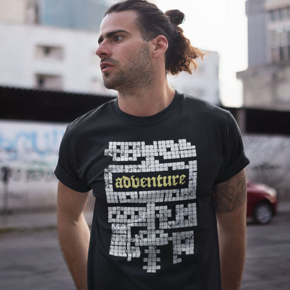 model wearing dnd dungeon adventure map tshirt