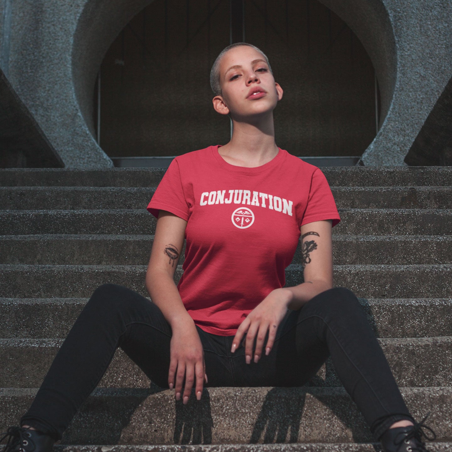 model wearing dnd magic school conjuration tshirt