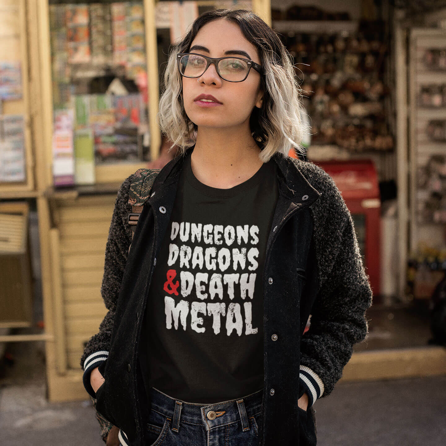 Model wearing dungeons dragons and death metal tshirt