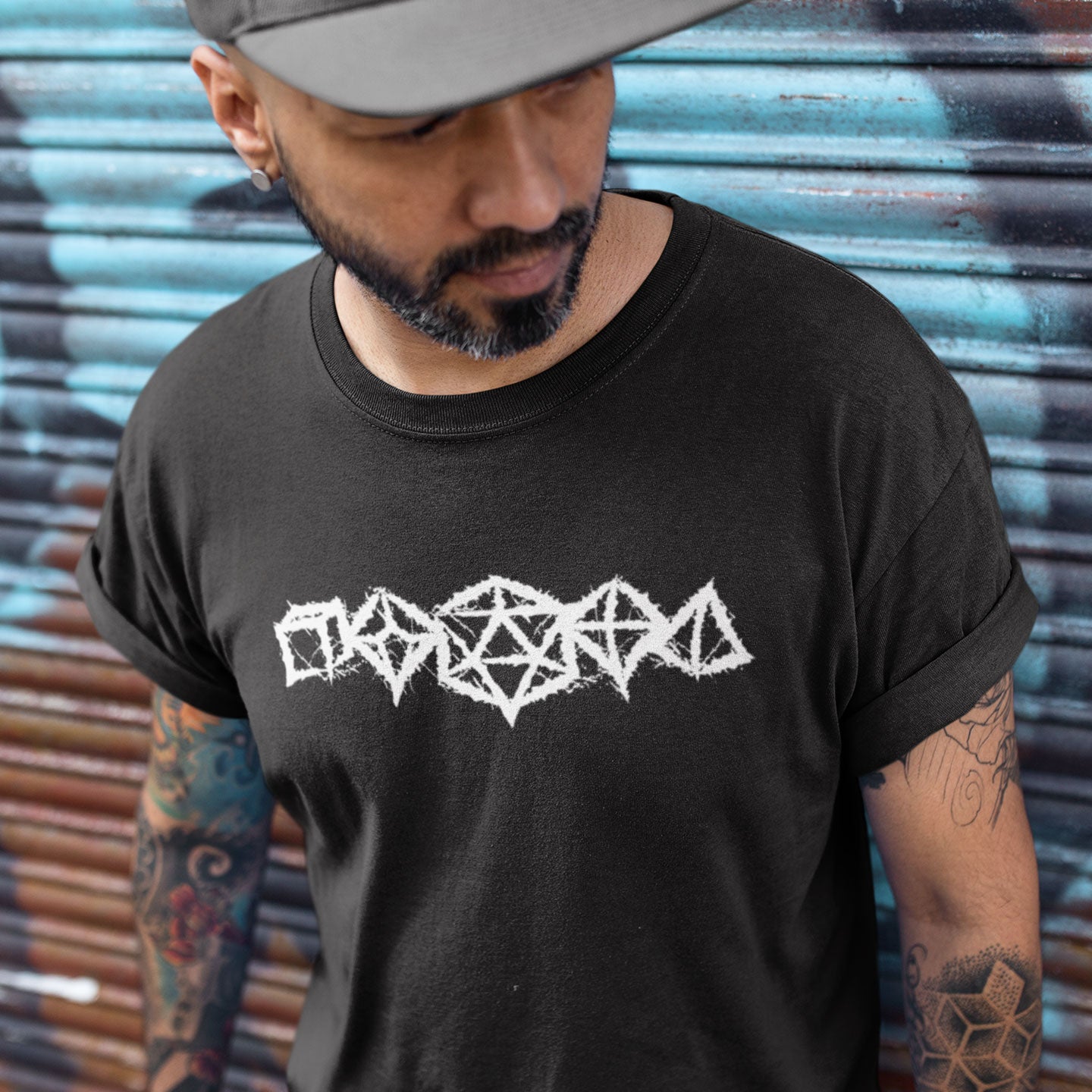 model wearing heavy metal gaming dice logo tshirt