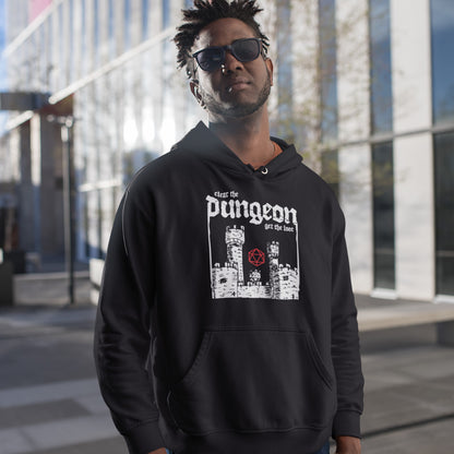 Man Wearing Clear the Dungeon Get the Loot DnD Hoodie