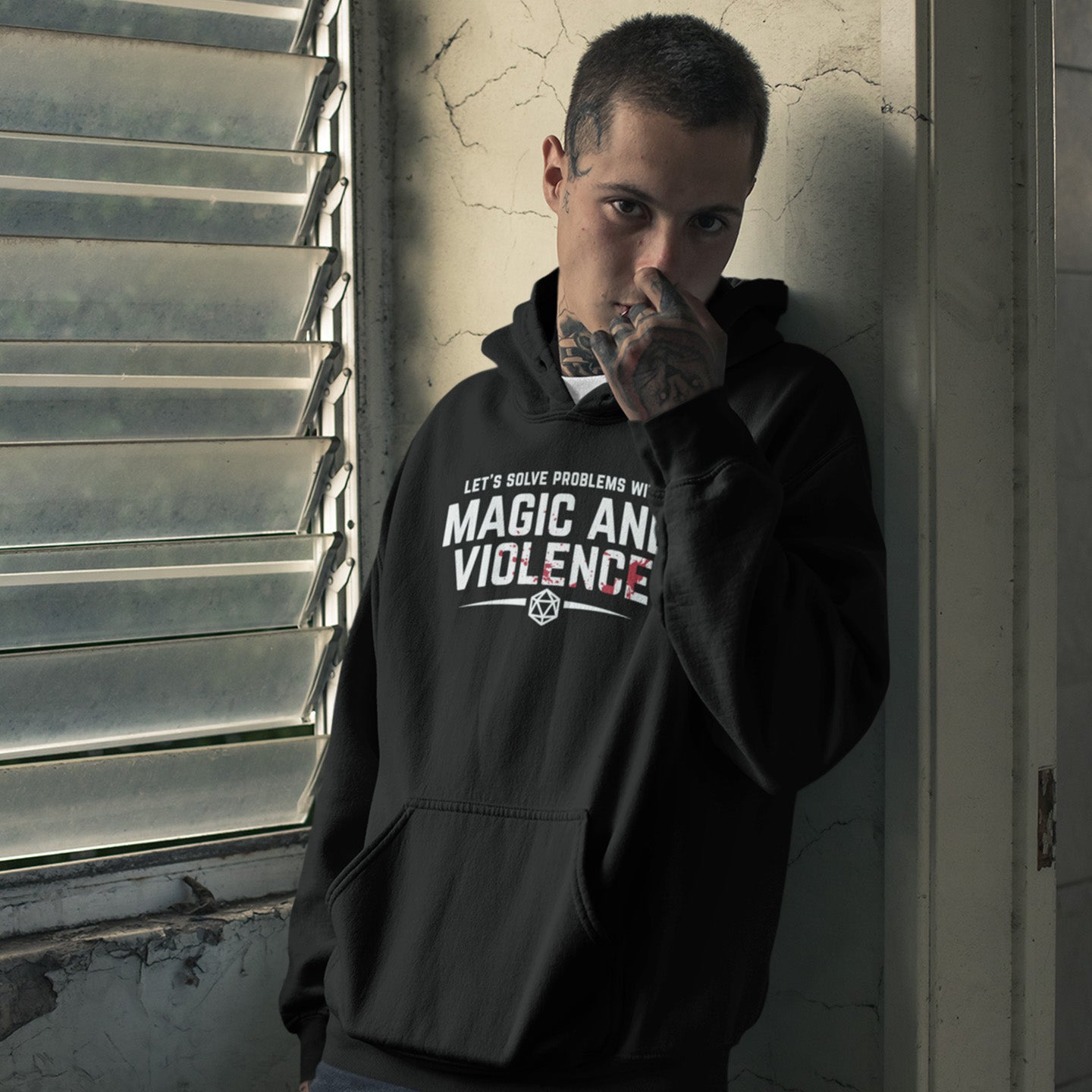 Man Wearing Let's Solve Problems with Magic and Violence Hoodie