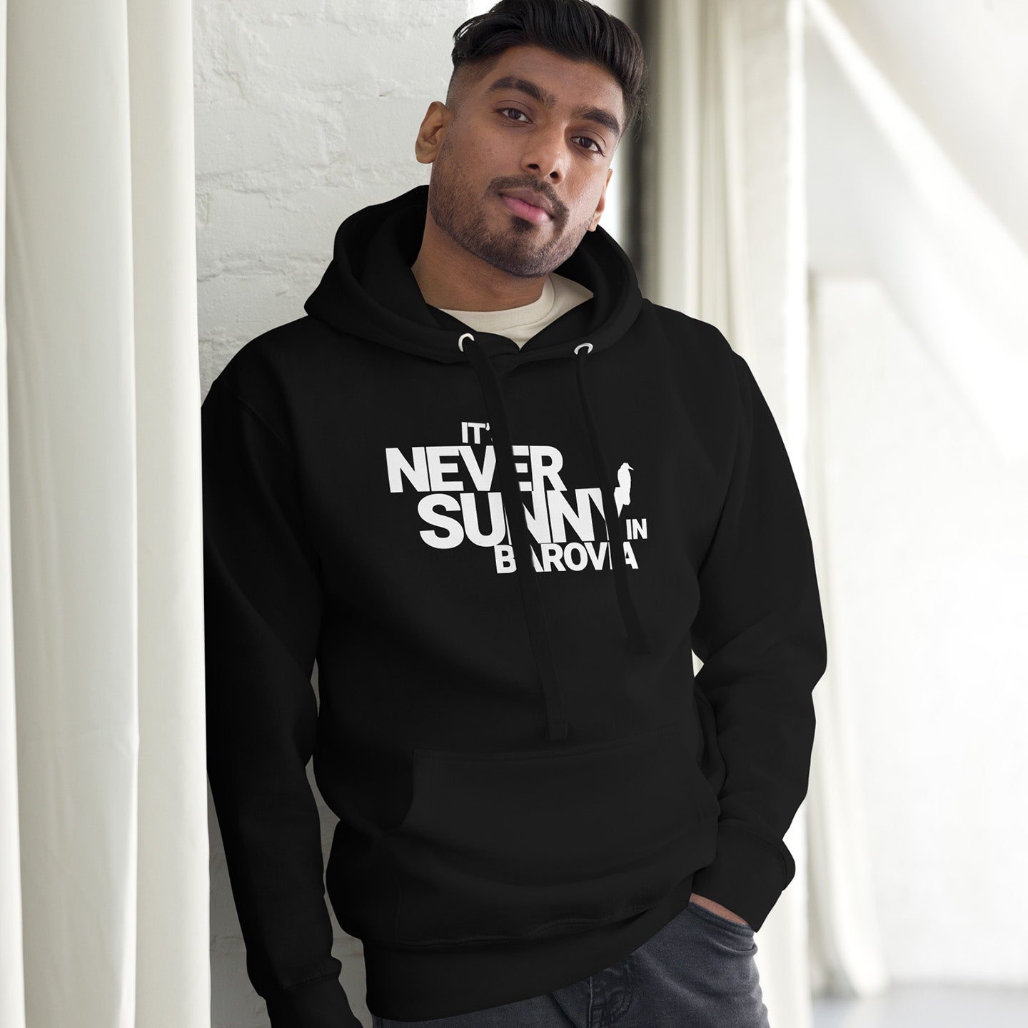 Man Wearing It's Never Sunny in Barovia Hoodie