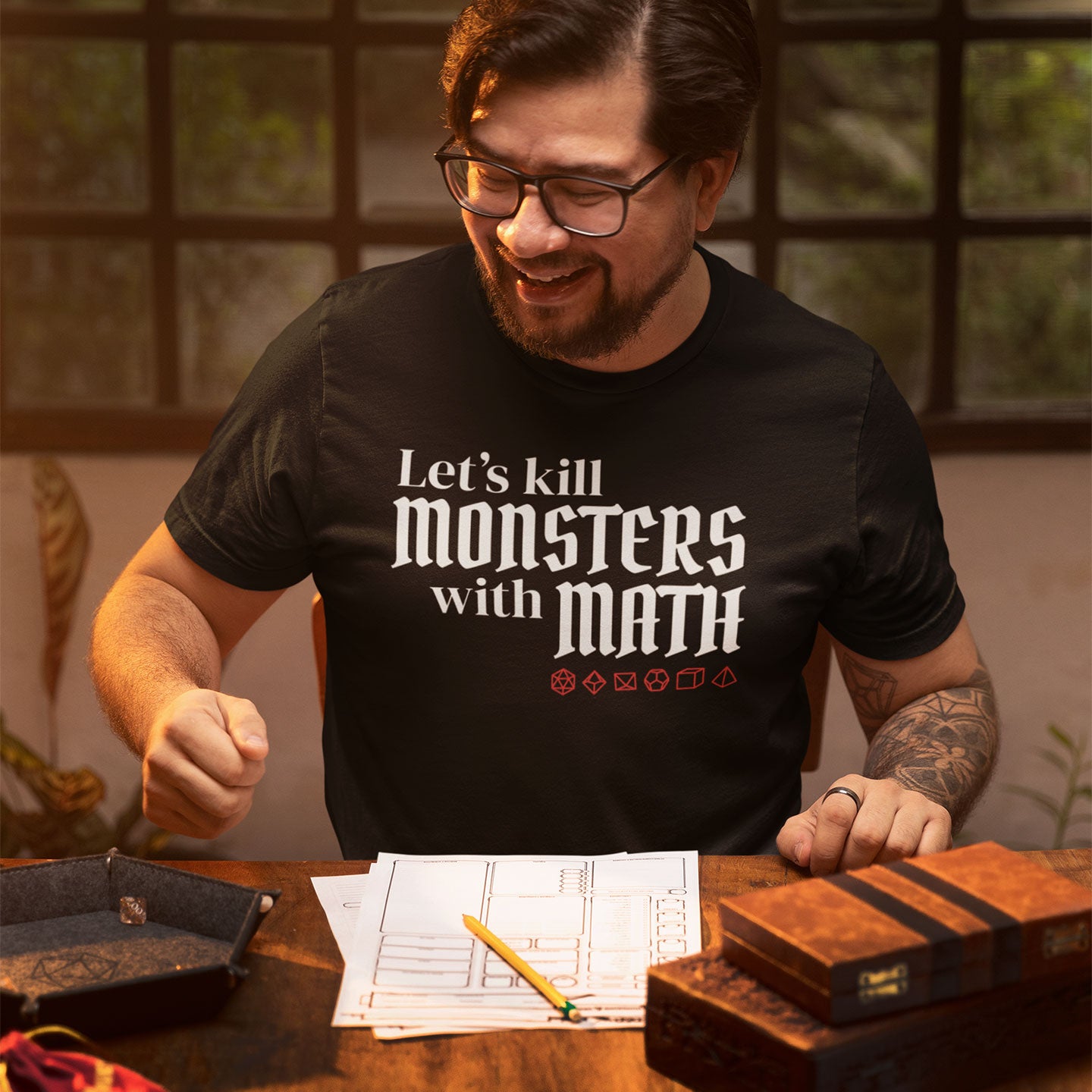 model wearing lets kill monsters with math