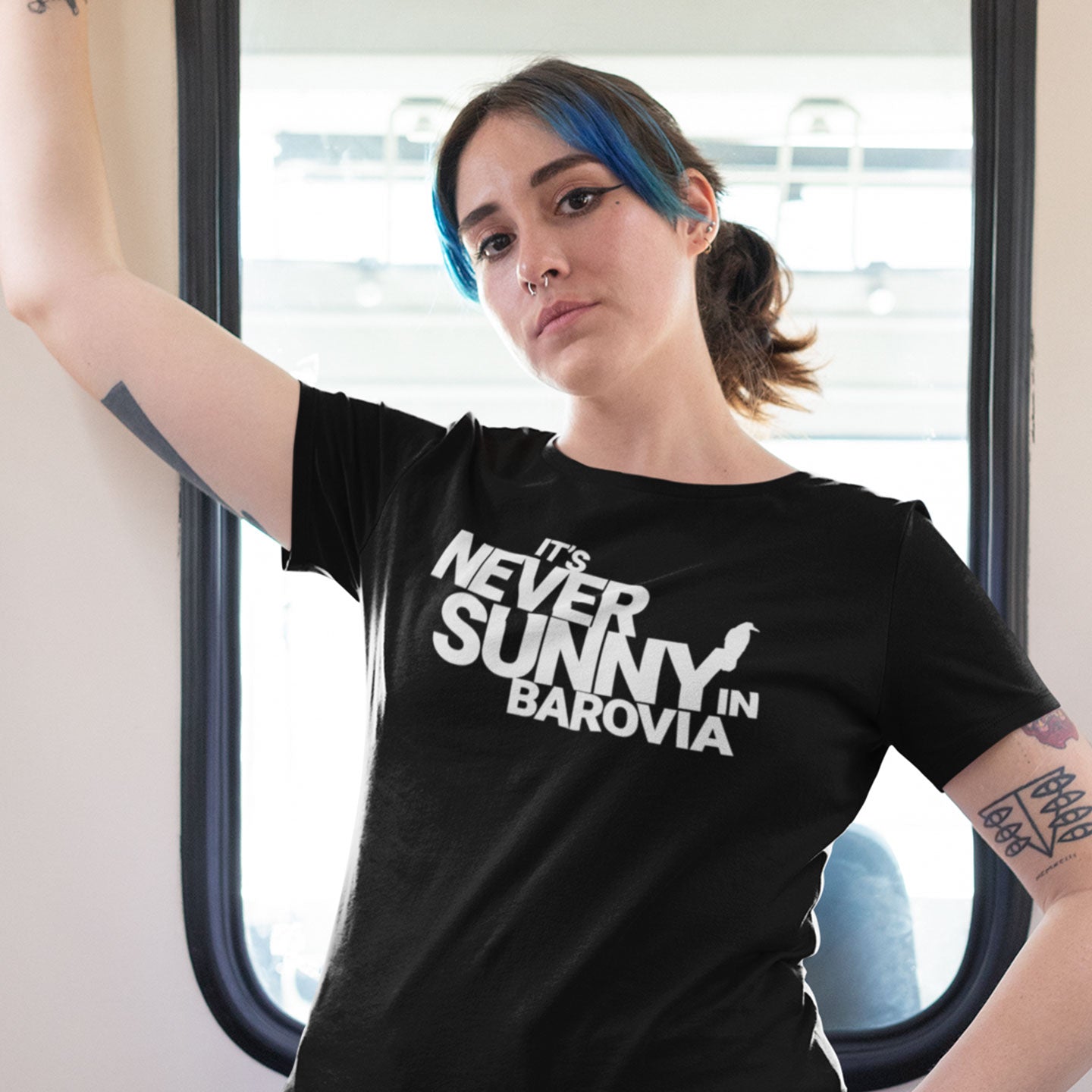 model wearing its never sunny in barovia orginal whtie tshirt