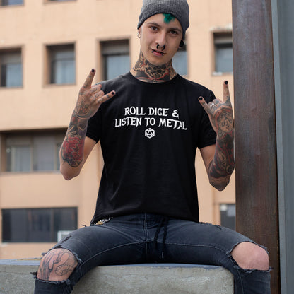 model wearing Roll dice and listen to metal tshirt