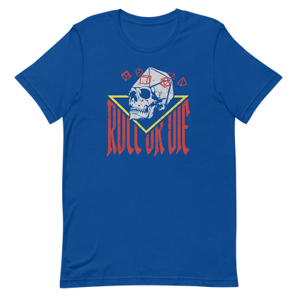 blue roll or die dnd dice skull tshirt