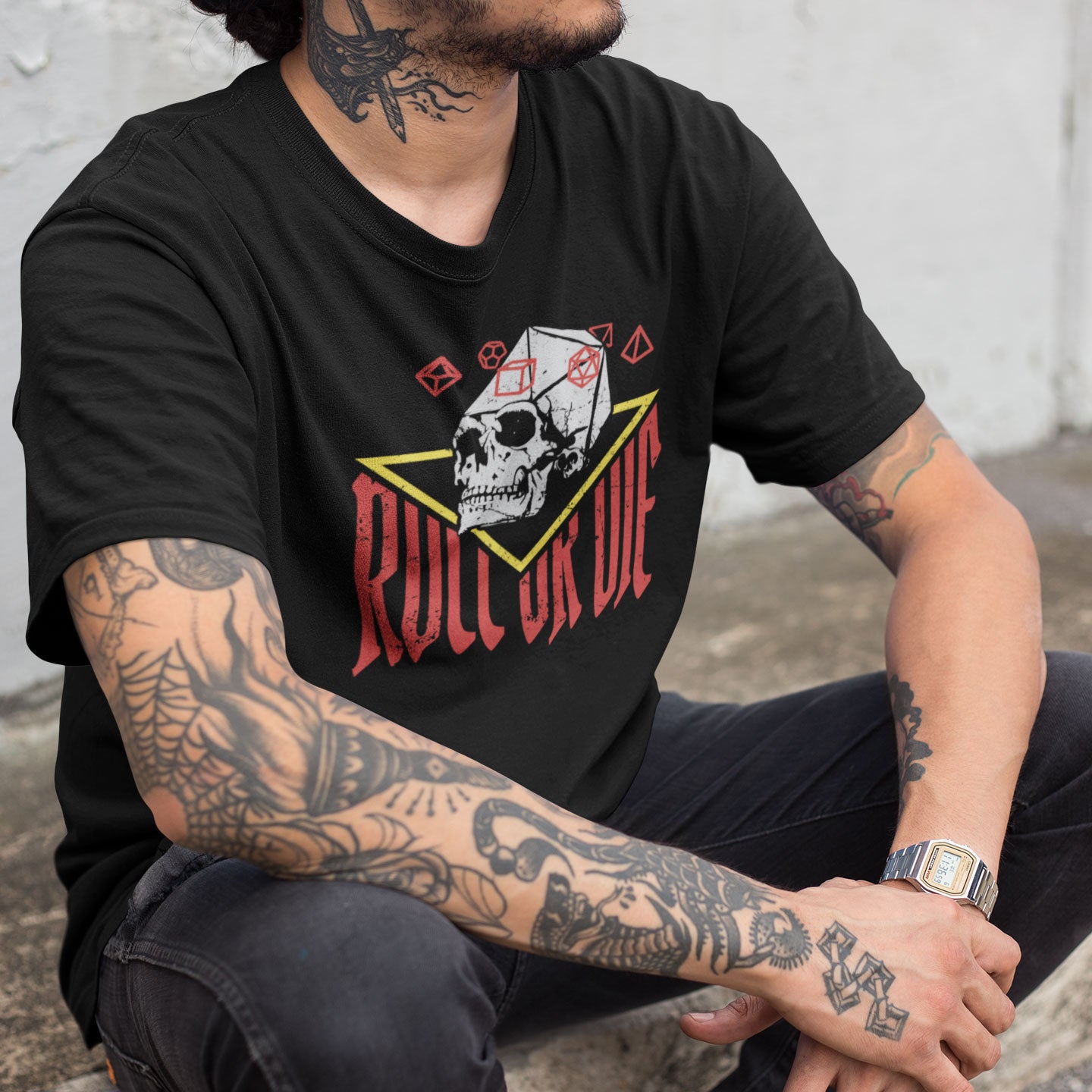 model wearing roll or die dnd dice skull tshirt