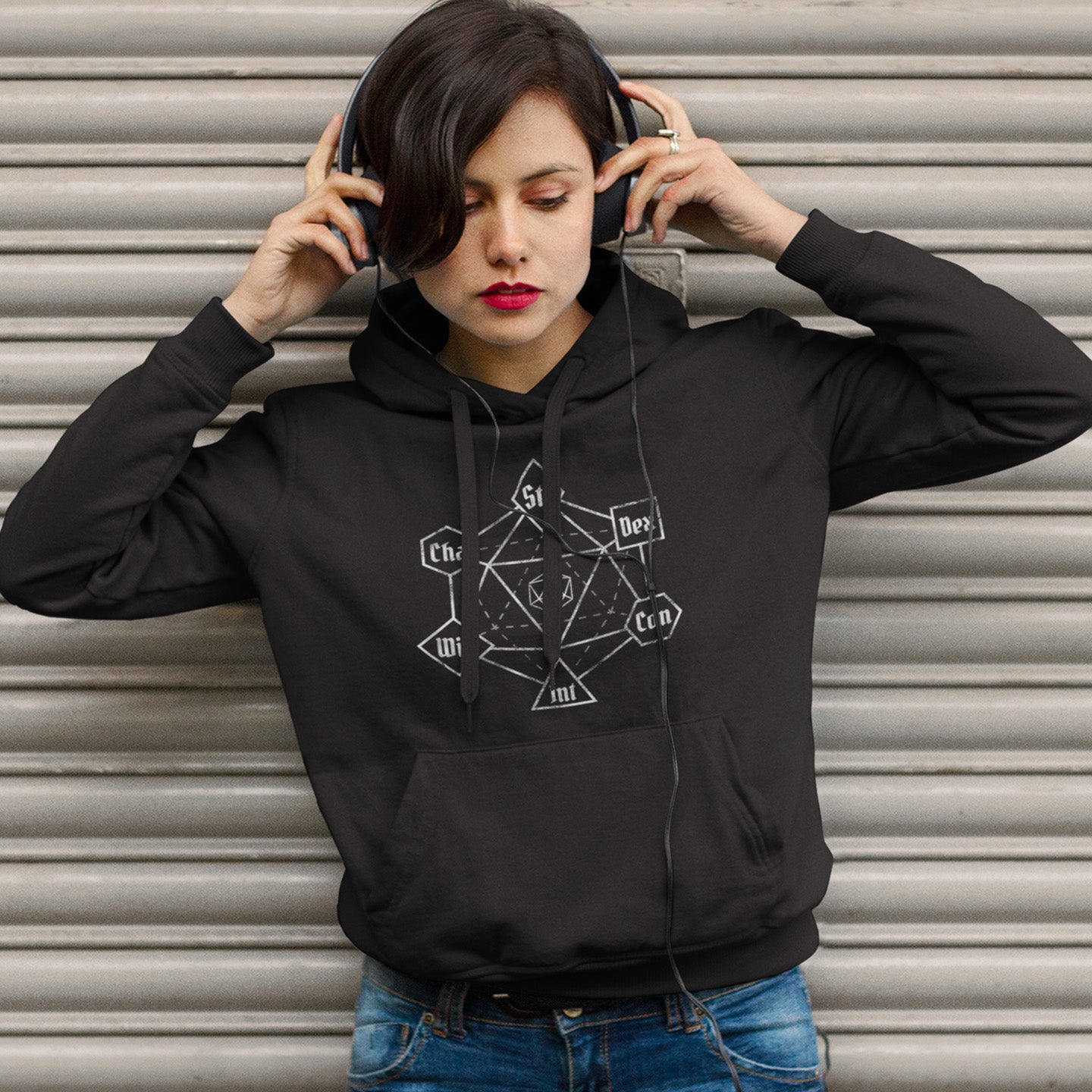 Woman Wearing Magic DnD Ability Dice Sigil Hoodie