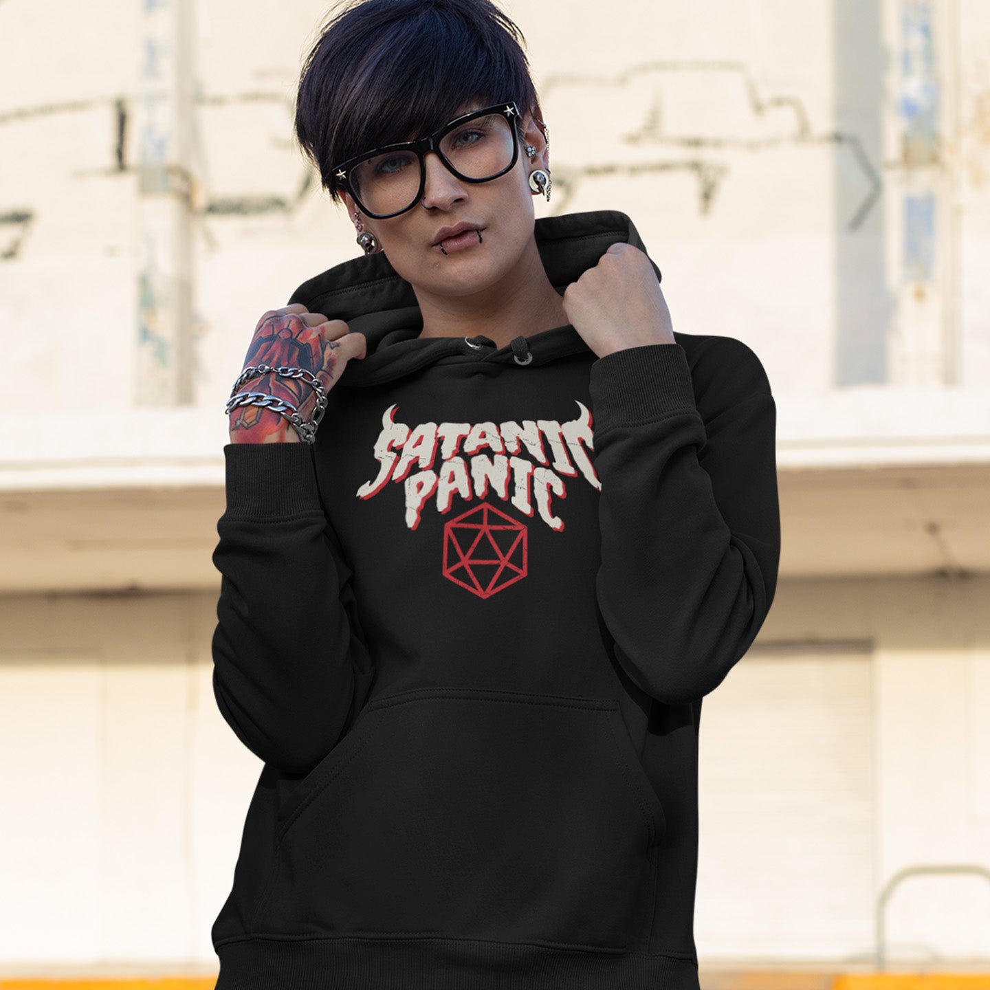 Woman Wearing Satanic Panic 80s Gaming Hoodie